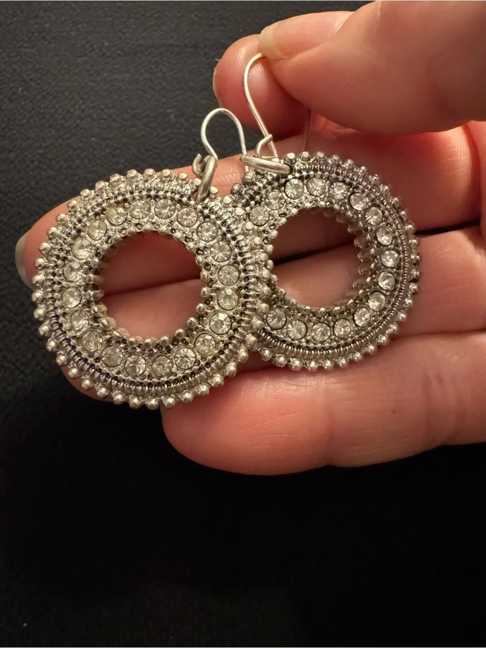 Silver Crystal Circle Drop Earrings - Ornate Pewter Style - 2”